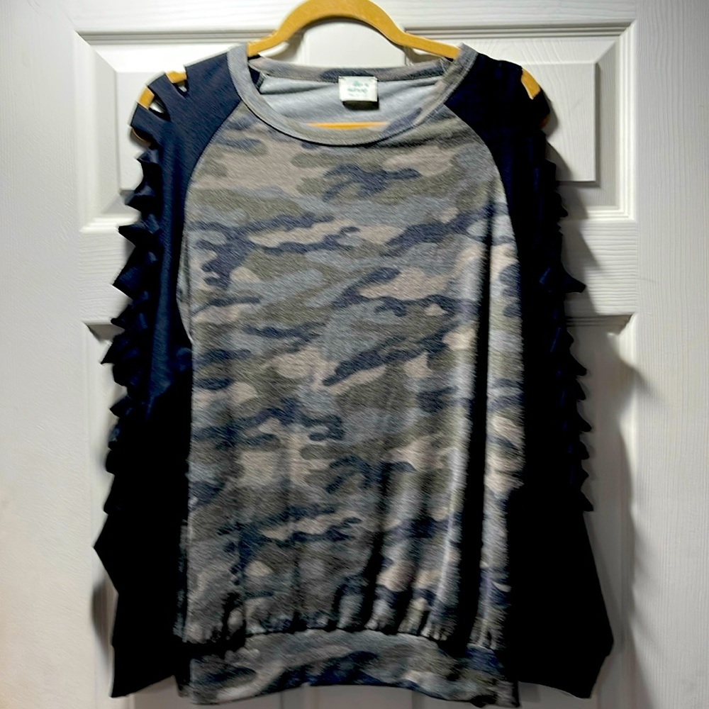 Blue Buttercup camo top with laser cut sleeves